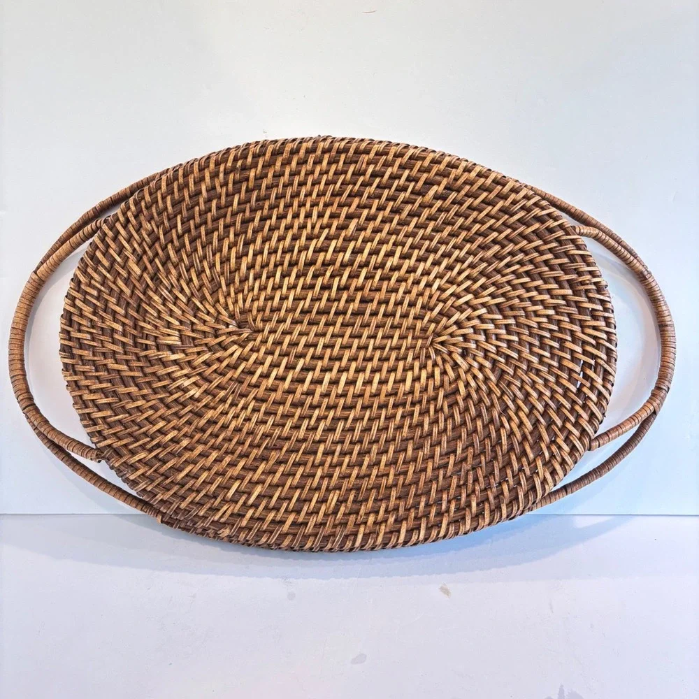 Vintage Woven Rattan Oval Serving Tray Handles Wicker Large 23
